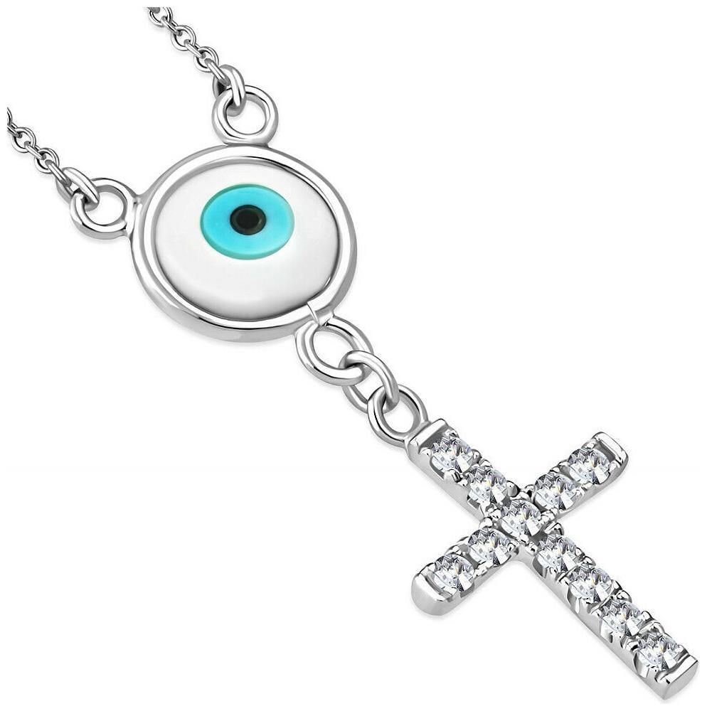 

Sterling Silver Womens Cross Evil Eye White Crystals CZ Pendant Necklace