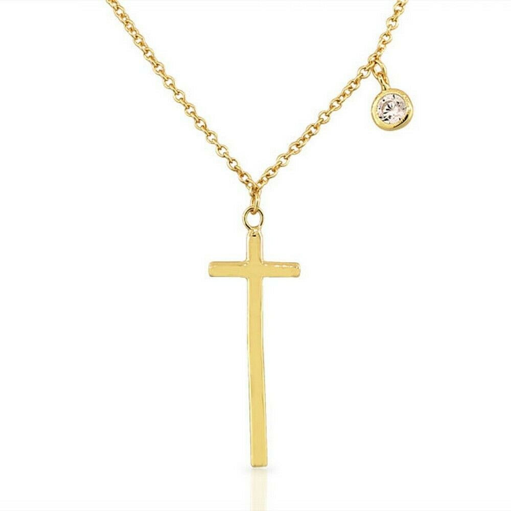 

Sterling Silver Gold Plated White Crystal CZ Religious Cross Pendant Necklace