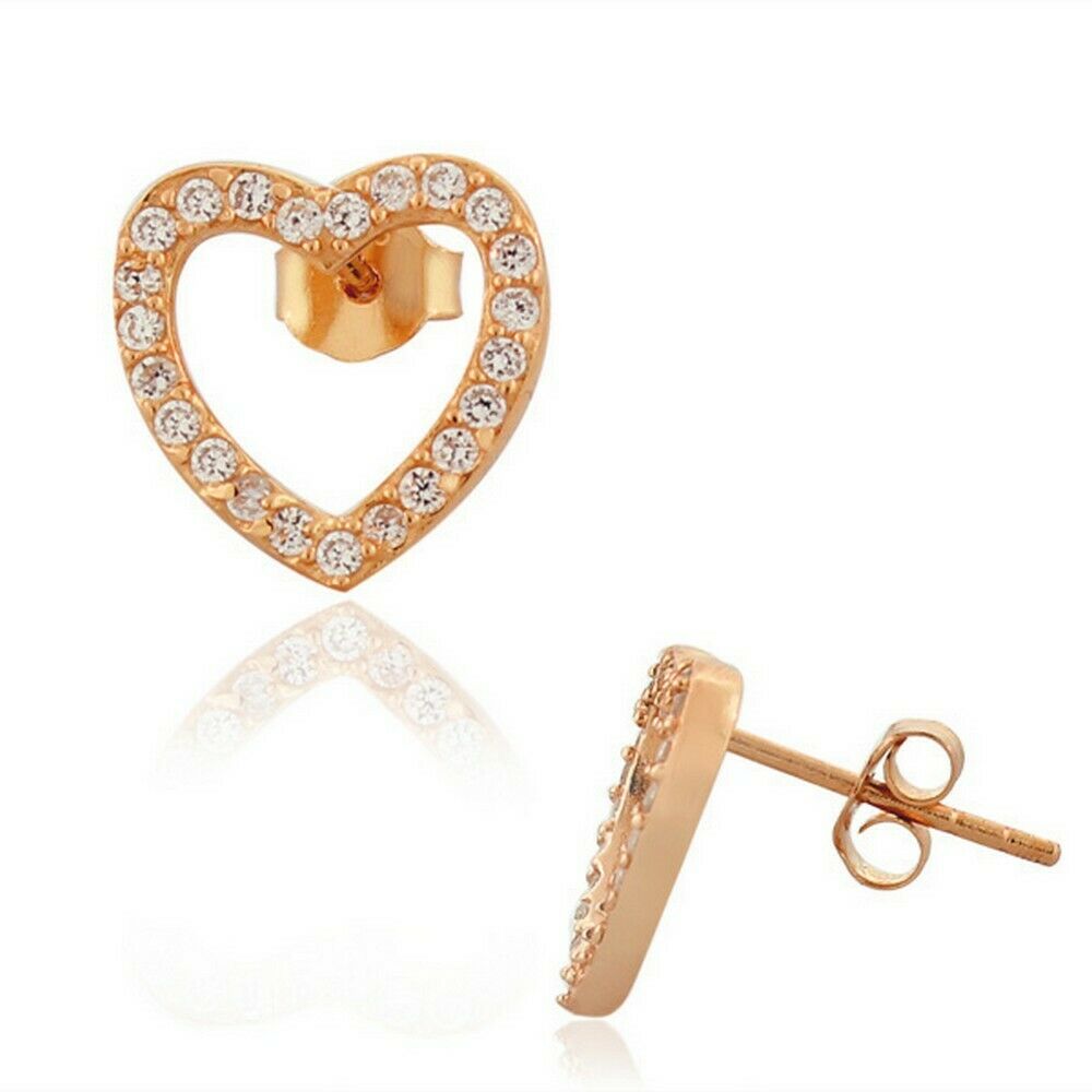 

Sterling Silver Rose Gold White Crystals CZ Love Heart-Shaped Stud Earrings