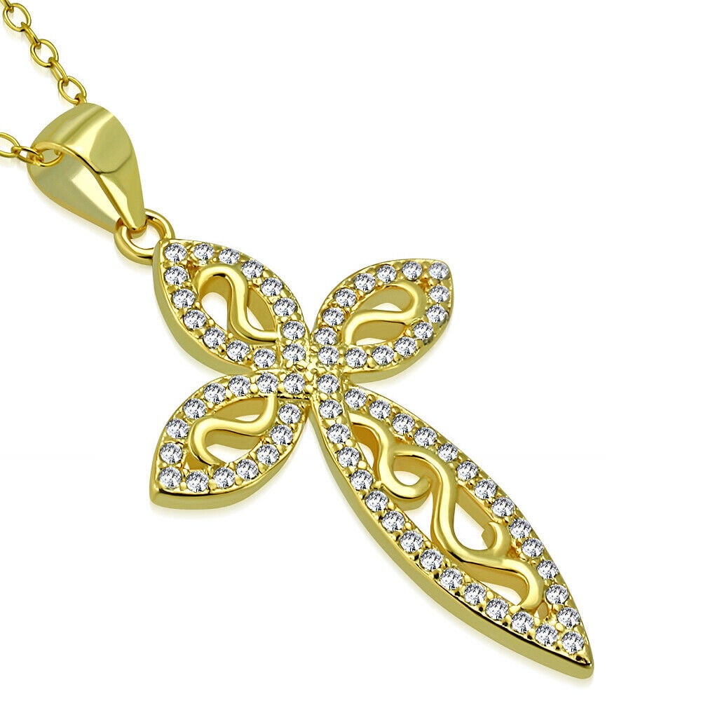 

Sterling Silver CZ Yellow Gold-Tone Filigree Cross Pendant Necklace 18