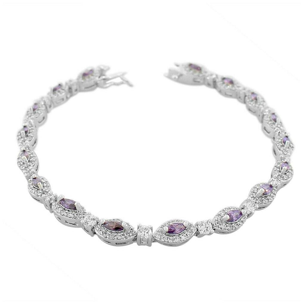 

Sterling Silver Marquise White Purple Amethyst-Tone Crystals CZ Tennis Bracelet