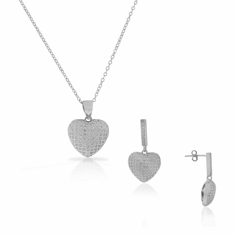 

Sterling Silver CZ Love Heart Chandelier Dangle Earrings Pendant Necklace Set