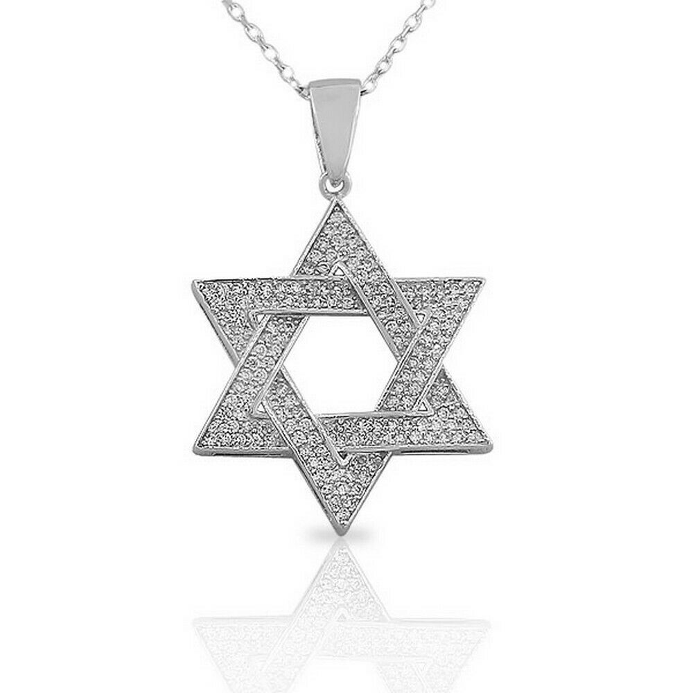 

Sterling Silver Womens Large Jewish Star of David Crystals CZ Pendant Necklace