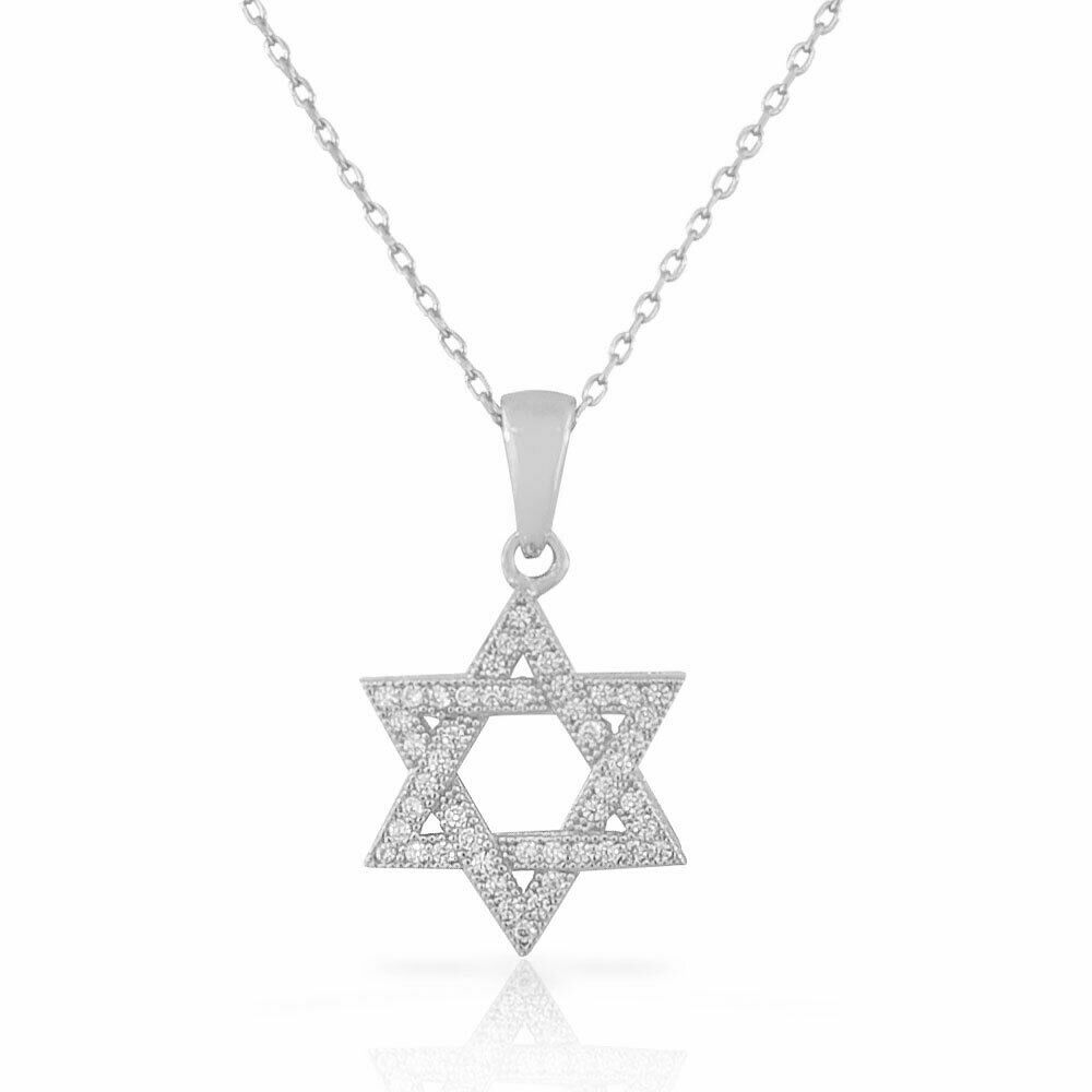 

Sterling Silver Gold-Tone Jewish Star David White Crystals CZ Pendant Necklace