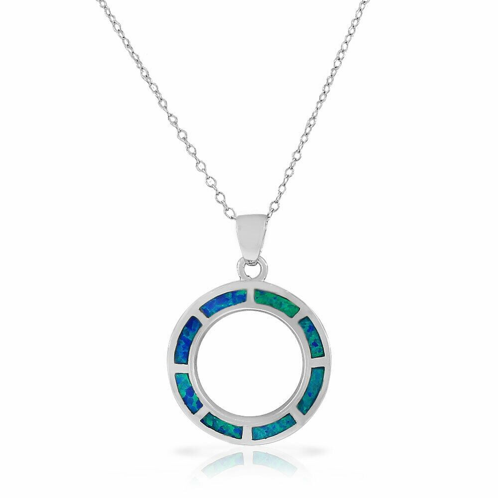 

Sterling Silver Blue Turquoise-Tone Simulated Opal Circle Life Pendant Necklace