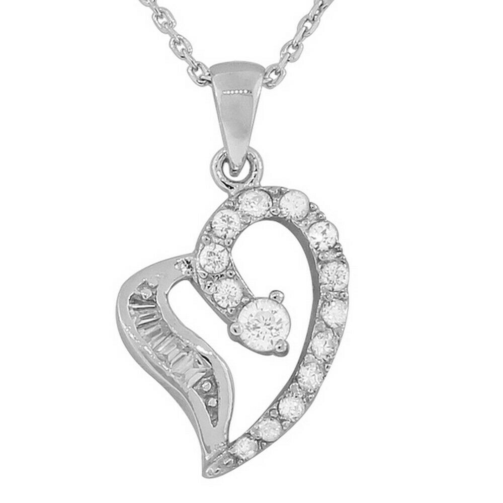 

Sterling Silver Love Heart Baguette Round White Crystals CZ Pendant Necklace