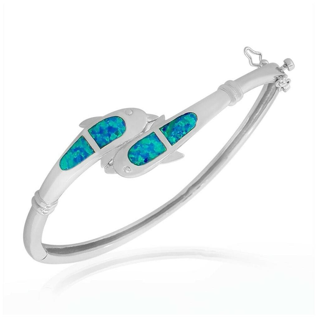 

Sterling Silver Blue Turquoise Fire Opal Dolphin Marine Bangle Bracelet