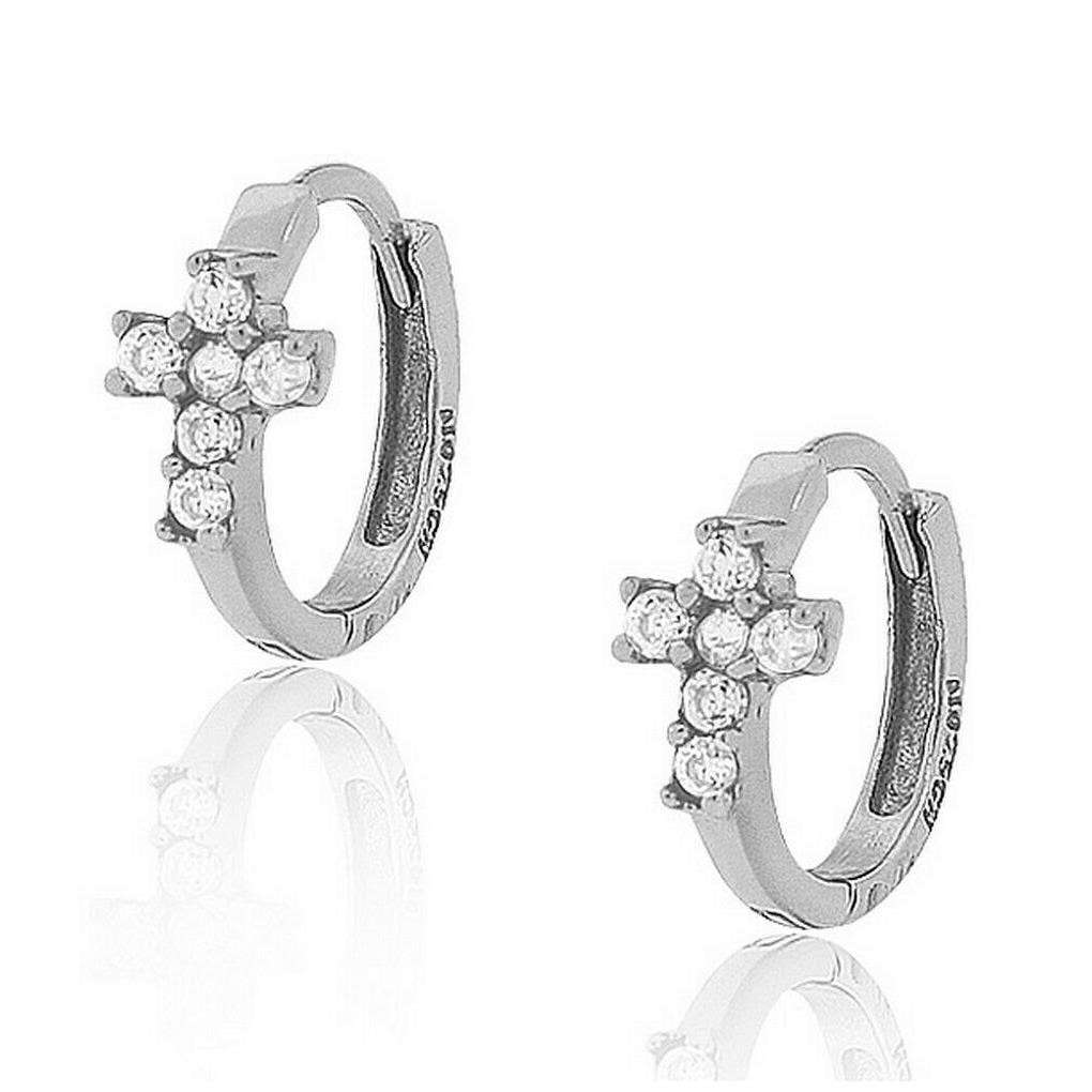 

Sterling Silver White Round Crystals CZ Religious Cross Hoop Huggie Earrings