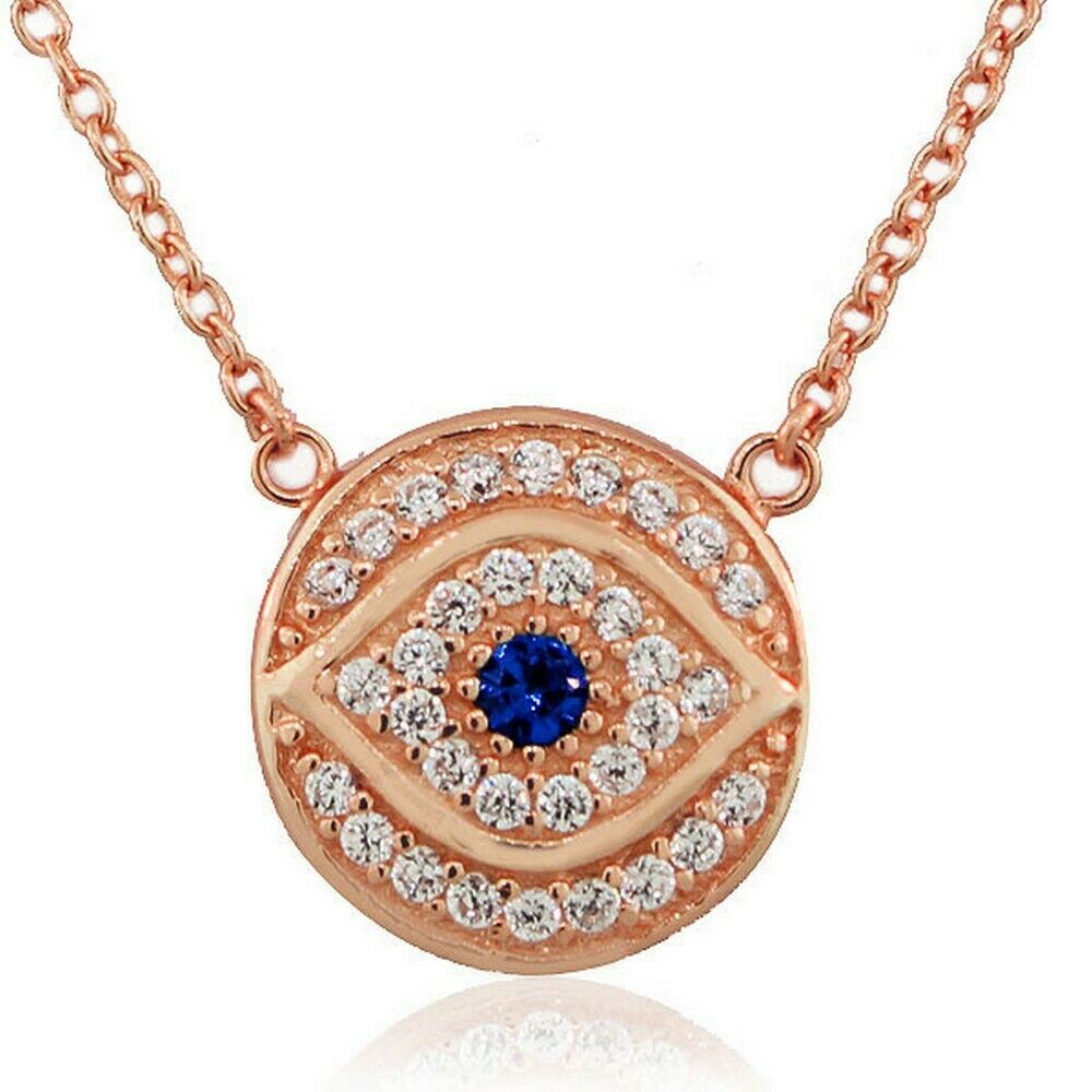 

Sterling Silver White Blue CZ Round Hamsa Evil Eye Womens Pendant Necklace