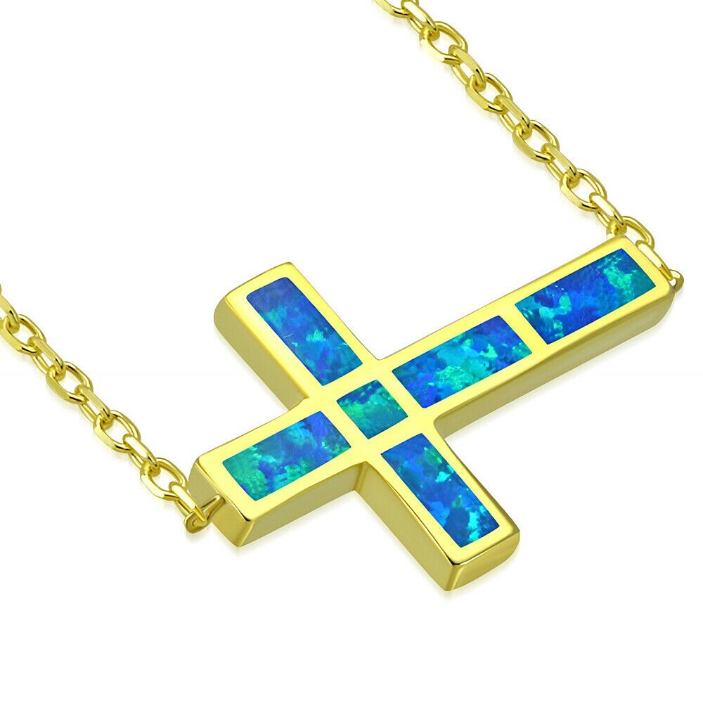 

Sterling Silver Gold-Tone Blue Simulated Opal Sideways Cross Pendant Necklace