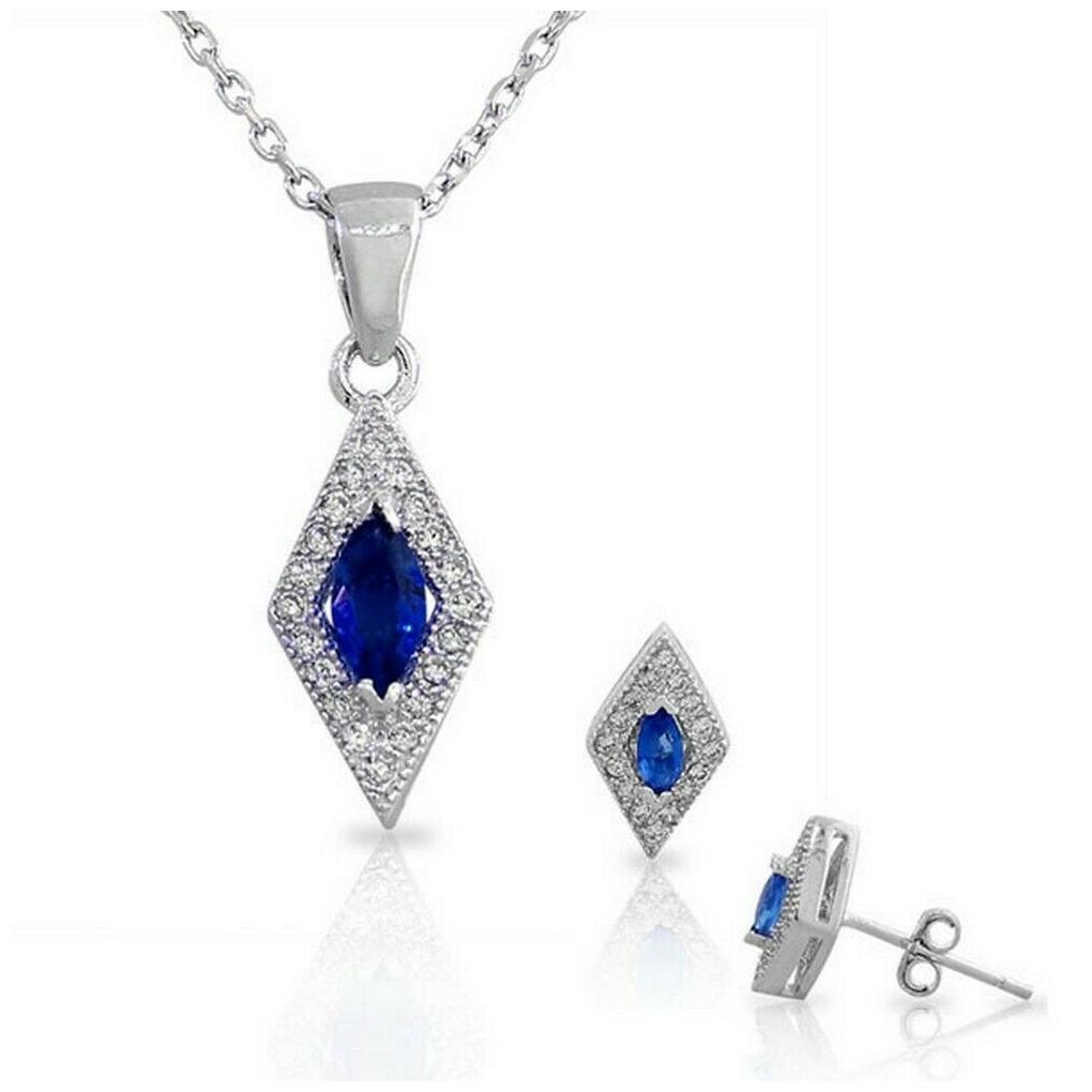 

Sterling Silver Blue White Crystals CZ Pendant Necklace Stud Earrings Set