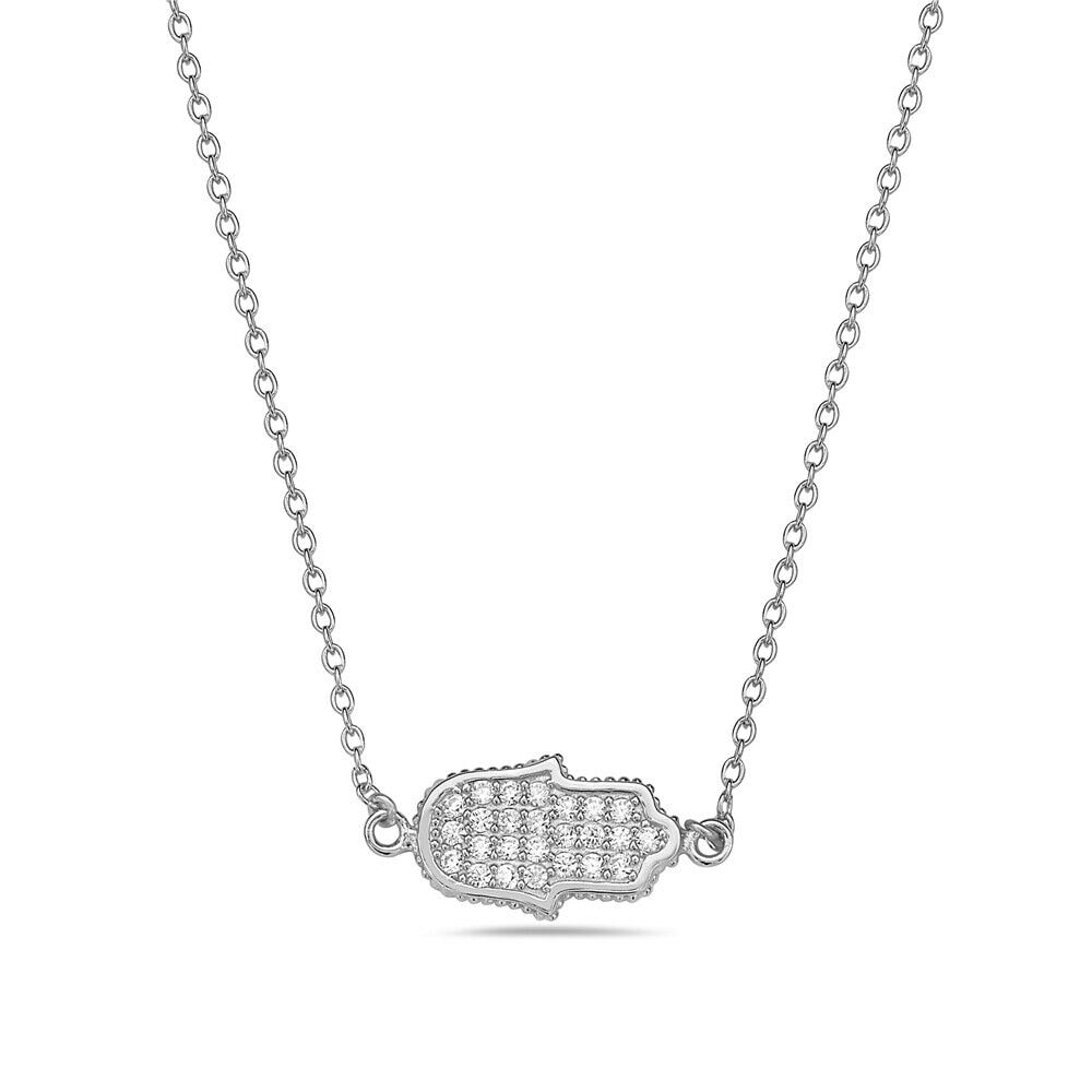 

Sterling Silver Womens Hamsa Evil Eye White Crystals CZ Pendant Necklace