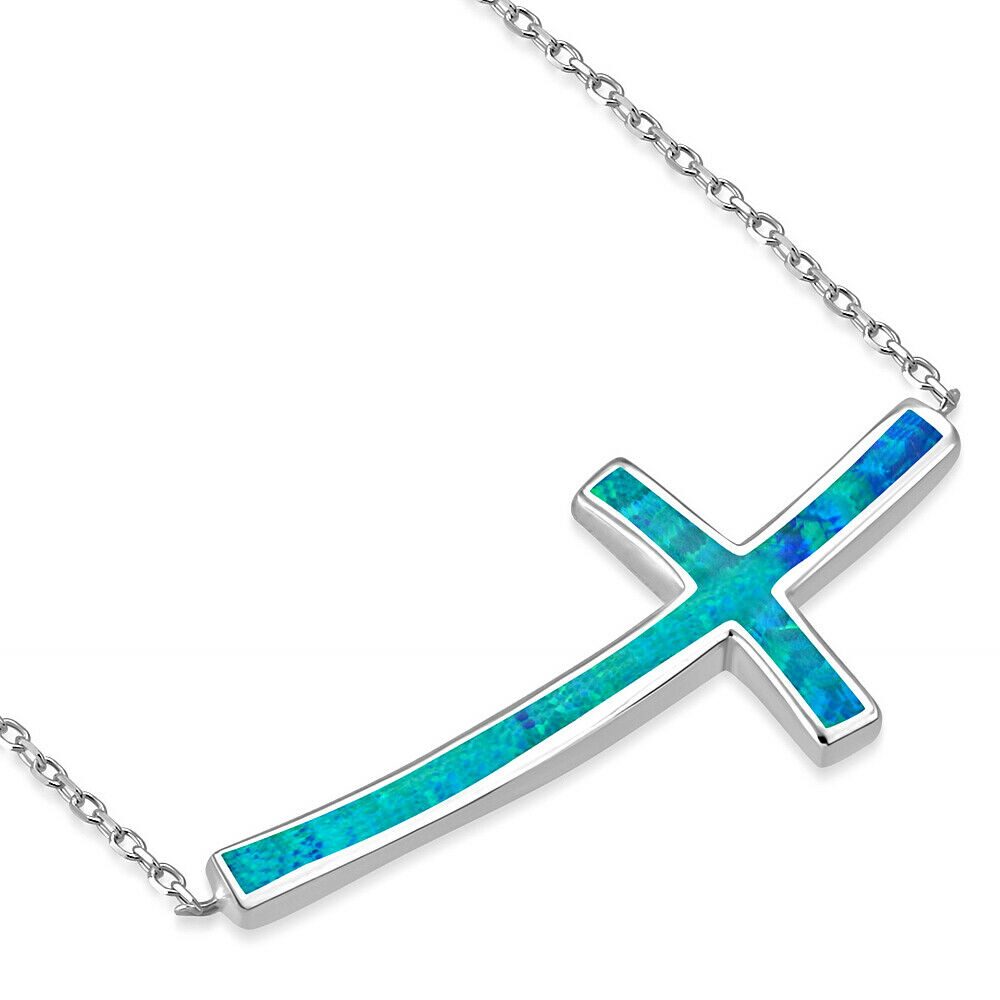 

Sterling Silver Gold-Tone Blue Simulated Opal Curved Sideways Cross Necklace