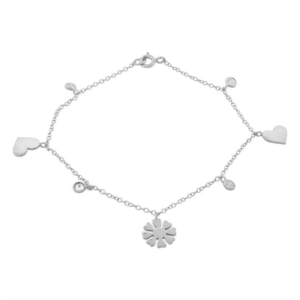 

Sterling Silver Crystals CZ Love Heart Flower Womens Girls Link Chain Bracelet