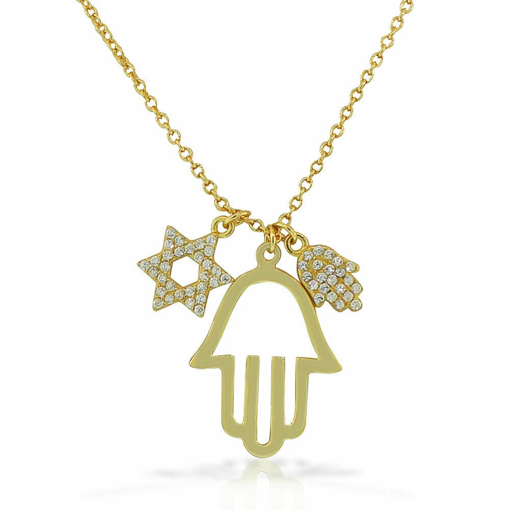 

Sterling Silver Gold-Tone White CZ Hamsa Star David Good Luck Pendant Necklace