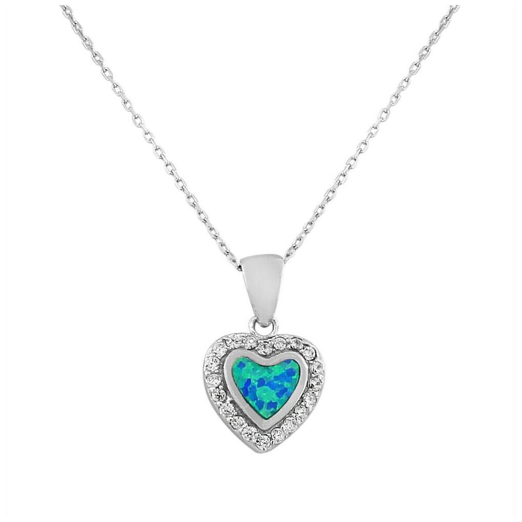 

Sterling Silver Crystals CZ Blue Turquoise Love Heart Fire Opal Pendant Necklace