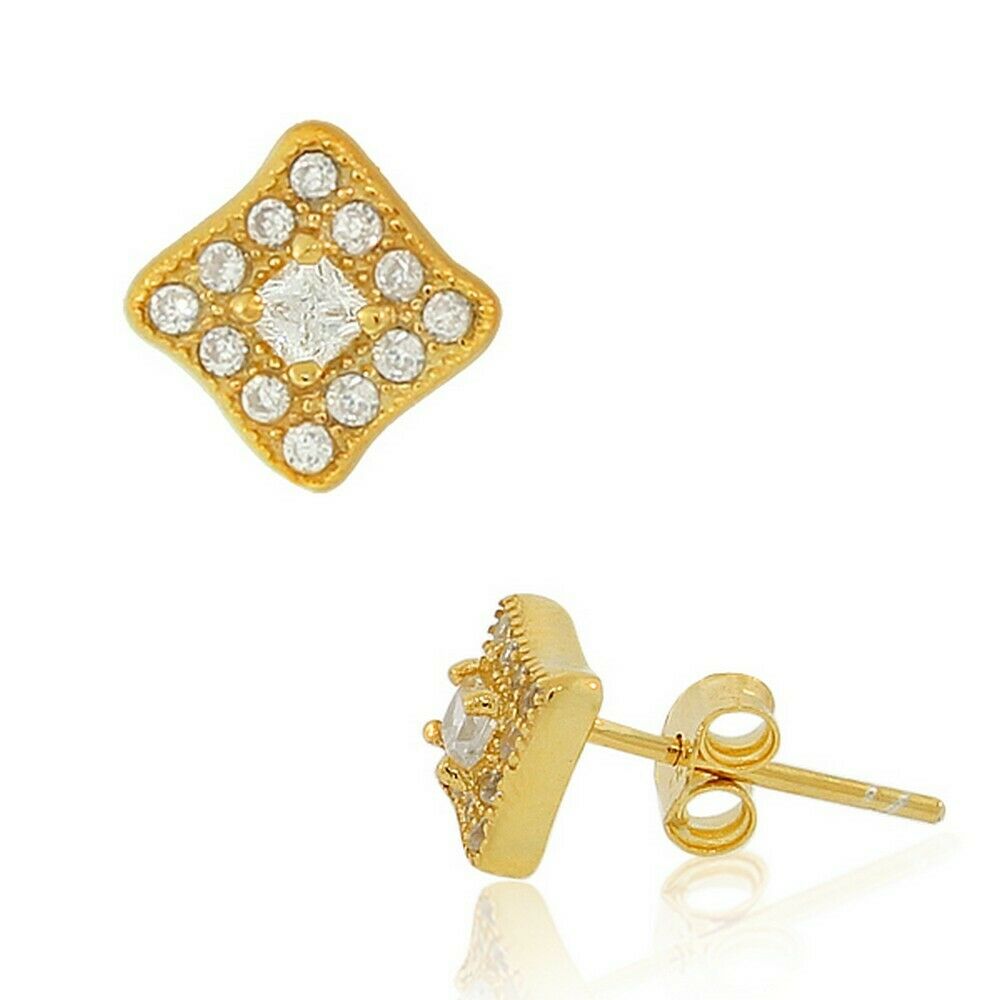 

Sterling Silver Yellow Gold-Tone White Crystals CZ Womens Square Stud Earrings