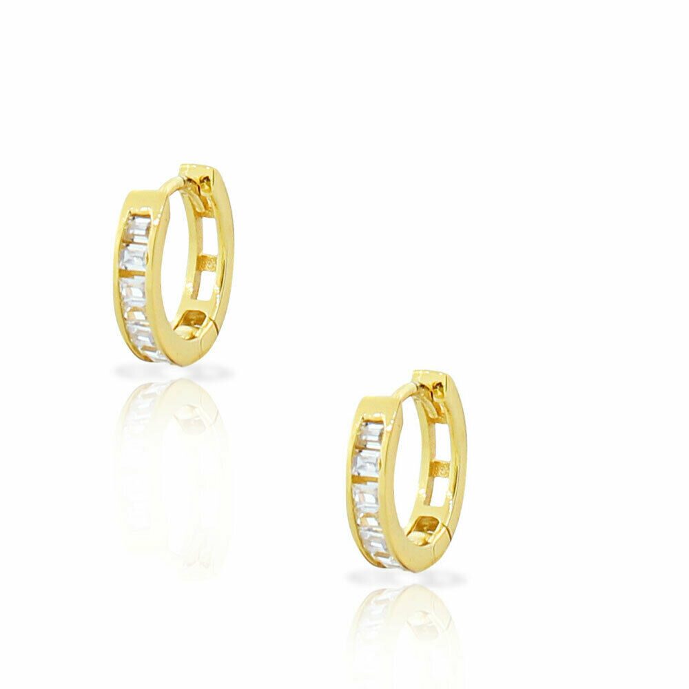 

Sterling Silver Gold-Tone Baguette Crystals CZ Small Hoop Huggie Earrings