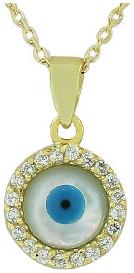 

Sterling Silver Round CZ Pearl Womens Evil Eye Pendant Necklace