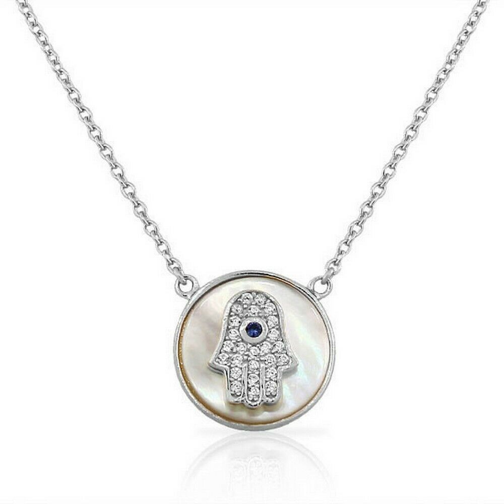 

Sterling Silver Rose Gold Mother Pearl Crystals Evil Eye Hamsa Pendant Necklace
