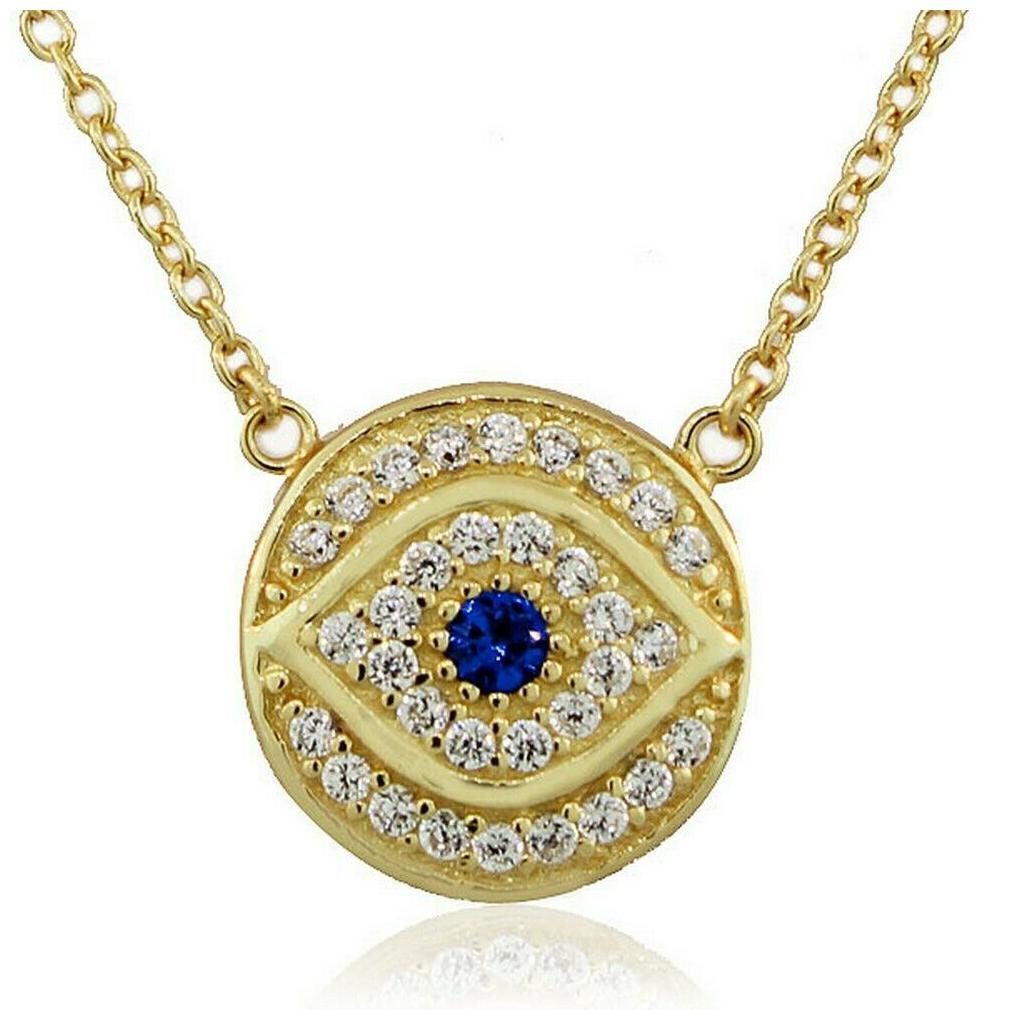 

Sterling Silver White Blue CZ Round Hamsa Evil Eye Womens Pendant Necklace