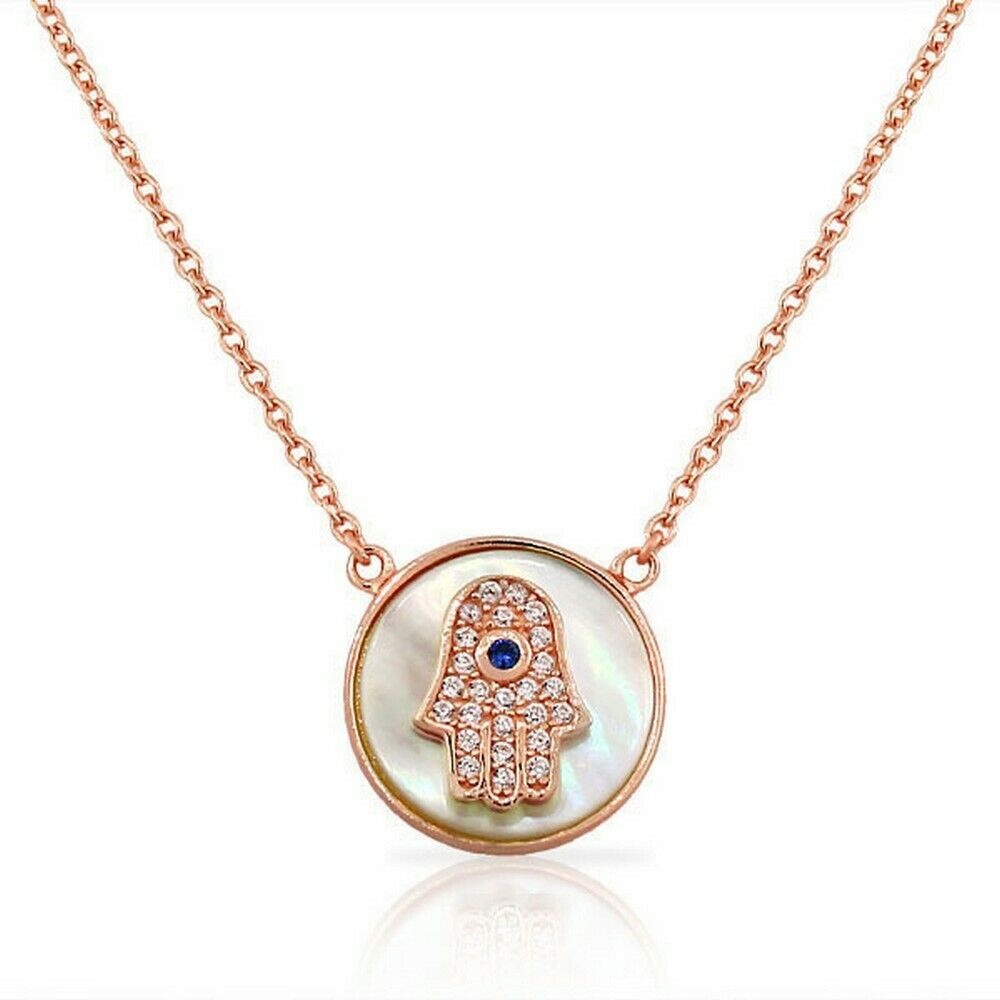 

Sterling Silver Rose Gold Mother Pearl Crystals Evil Eye Hamsa Pendant Necklace