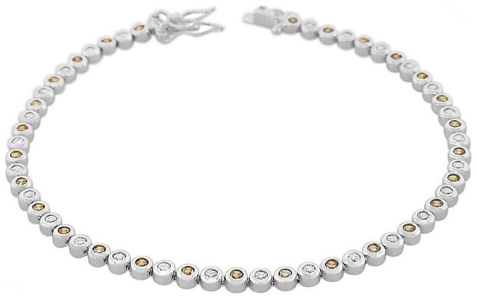 

Sterling Silver Bezel-Set Round White Cognac Brown Crystals CZ Tennis Bracelet