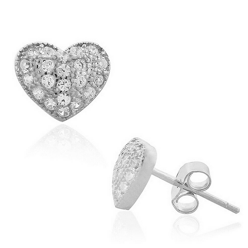 

Sterling Silver White Crystals CZ Womens Girls Love Heart-Shaped Stud Earrings