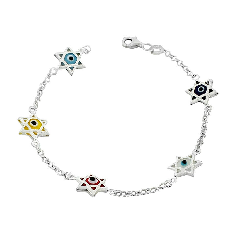

Sterling Silver Glass Multicolor Evil Eye Star of David Link Chain Bracelet