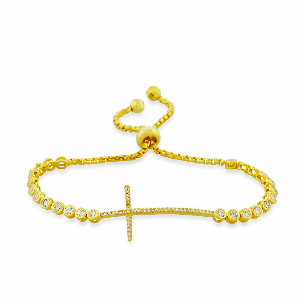 

Sterling Silver Gold-Tone Crystals CZ Religious Latin Cross Link Chain Bracelet