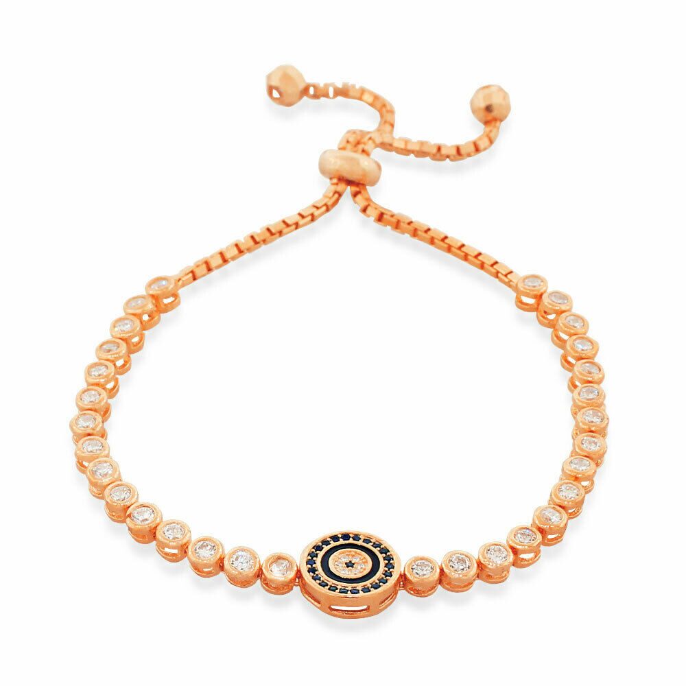 

Sterling Silver Rose Gold-Tone Bezel-Set Crystals Evil Eye Link Chain Bracelet