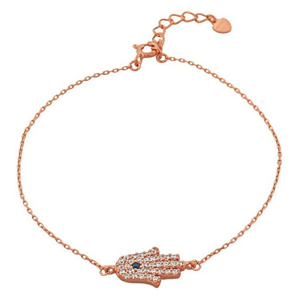 

Sterling Silver Yellow Gold Plated Crystals Hamsa Evil Eye Link Chain Bracelet