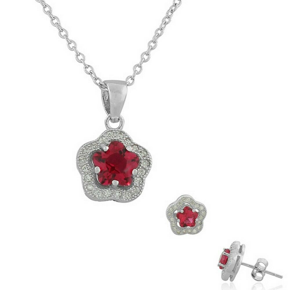 

Sterling Silver Pink White Crystals Flower Pendant Necklace Stud Earrings Set