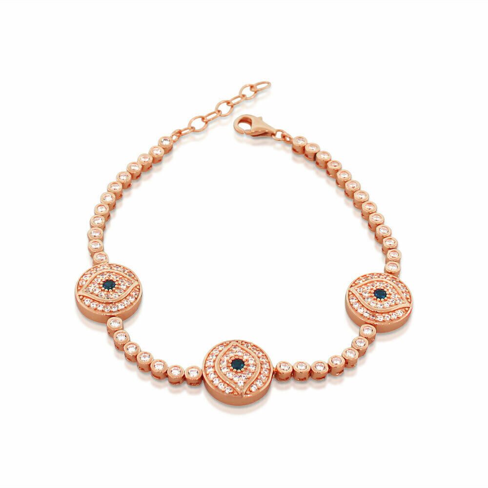 

Sterling Silver Rose Gold -Tone White Blue Bezel-Set Crystals Evil Eye Bracelet