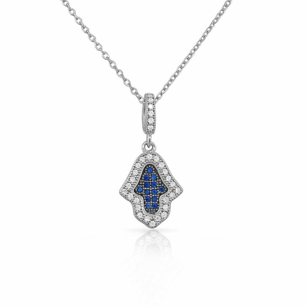 

Sterling Silver Womens Evil Eye Hamsa White Blue Crystals CZ Pendant Necklace