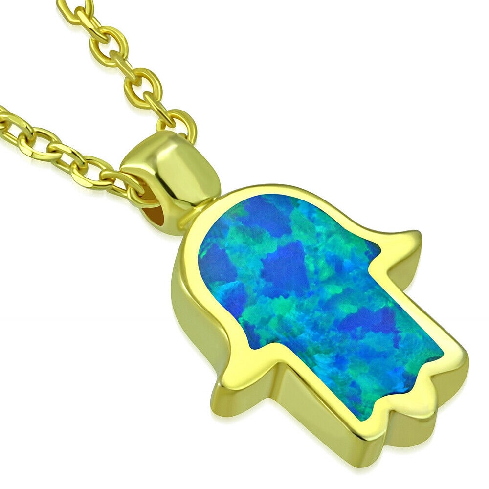 

Sterling Silver Yellow Gold-Tone Blue Simulated Opal Hamsa Hand Pendant Necklace