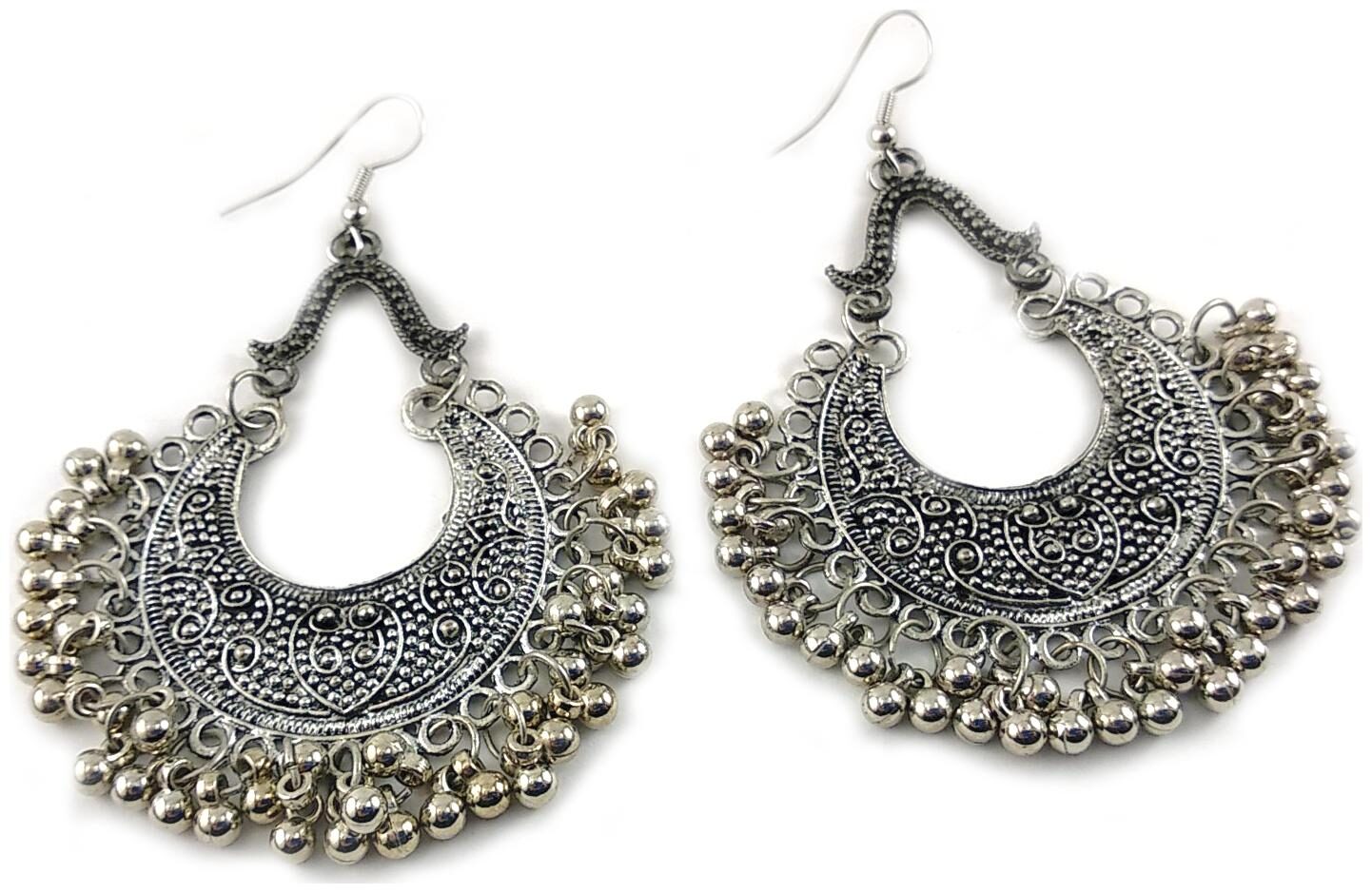 

Stone Studded Afgani Style Jhumka Earrings Made Of Oxidised Silver