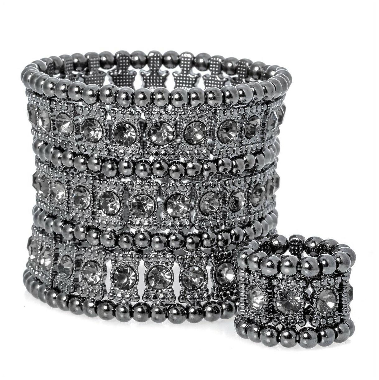 

Stretch cuff bracelet ring sets jewelry gifts for women A1 3 row gold silver