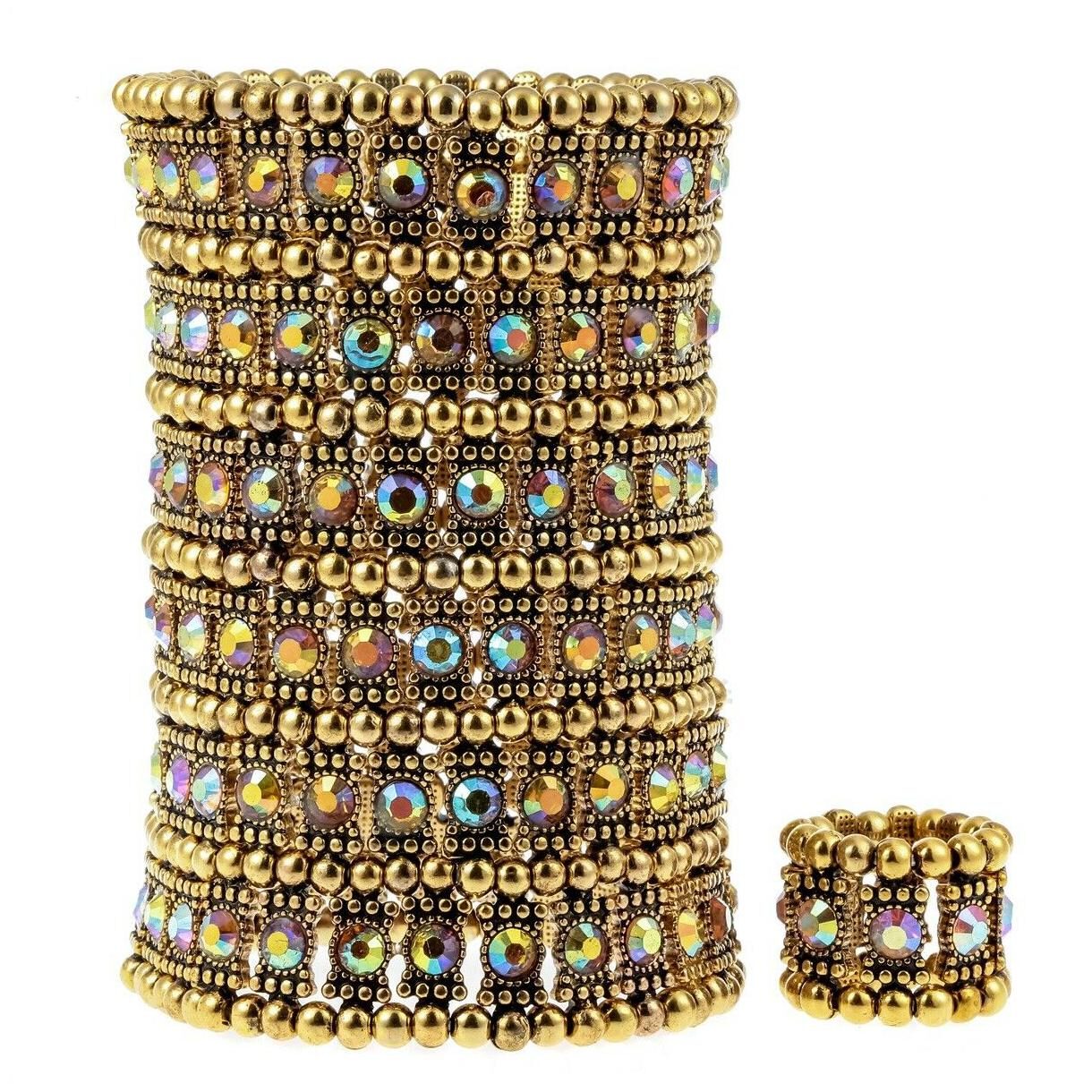 

Stretch cuff bracelet ring sets jewelry gifts for women A1 7 row gold silver