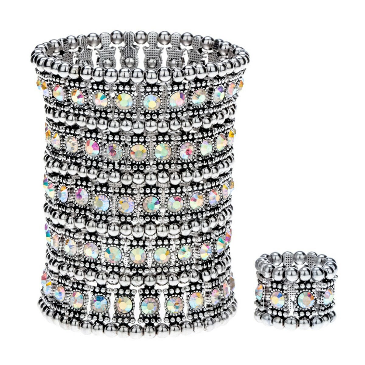 

Stretch cuff bracelet ring sets jewelry gifts for women A1 5 row gold silver