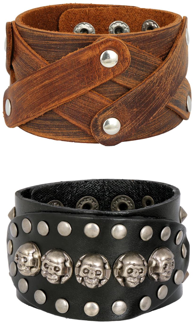 

Stylish Denim Funky Punk Skull Black 100 Genuine Handcrafted Leather Wrist Band Combo Pack Of 2 Bracelet Boys Men