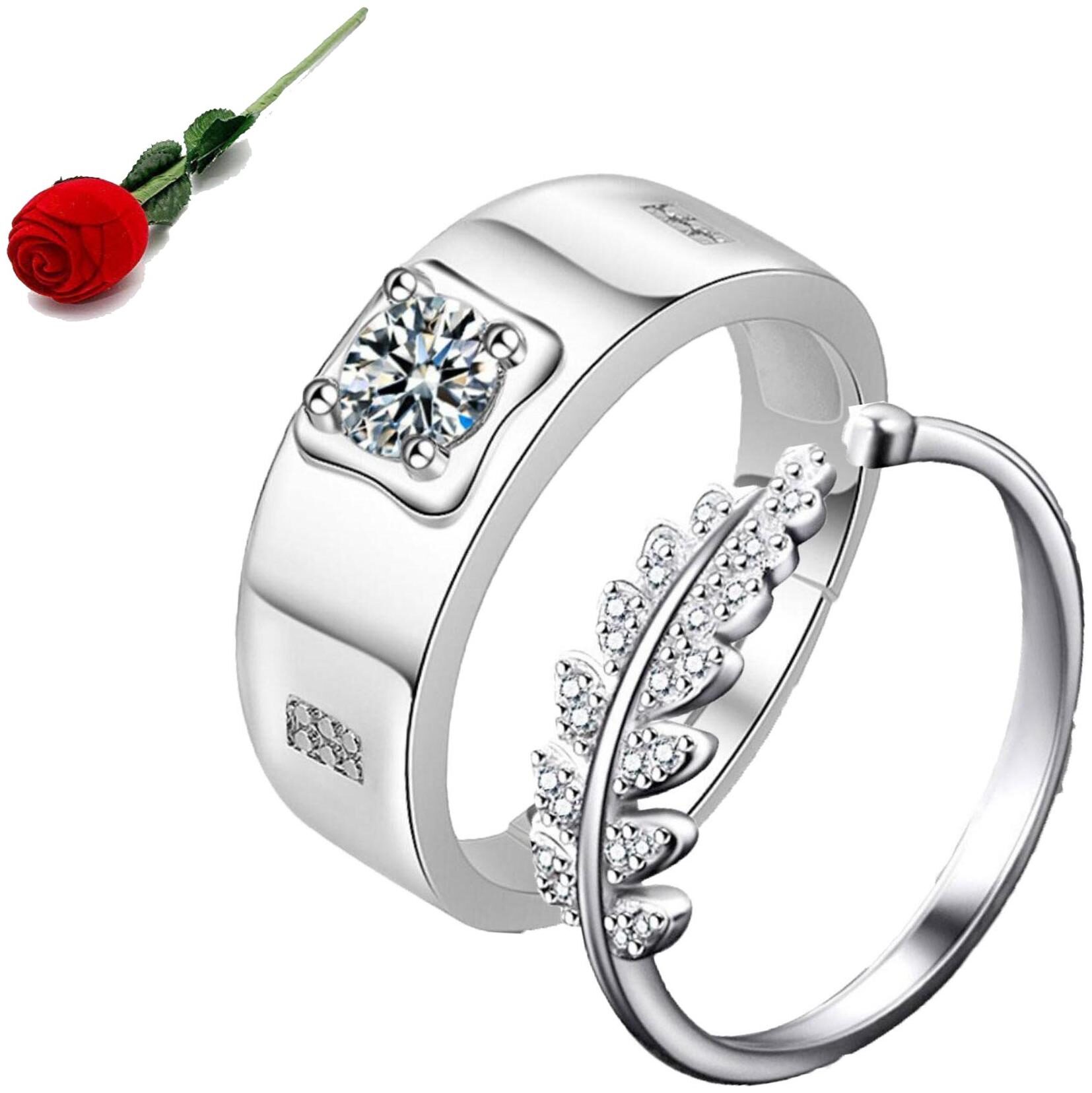 

STYLISH TEENS King Queen Sterling Silver Swarovski Zirconia Adjustable Couple Rings with Rose Box Packing