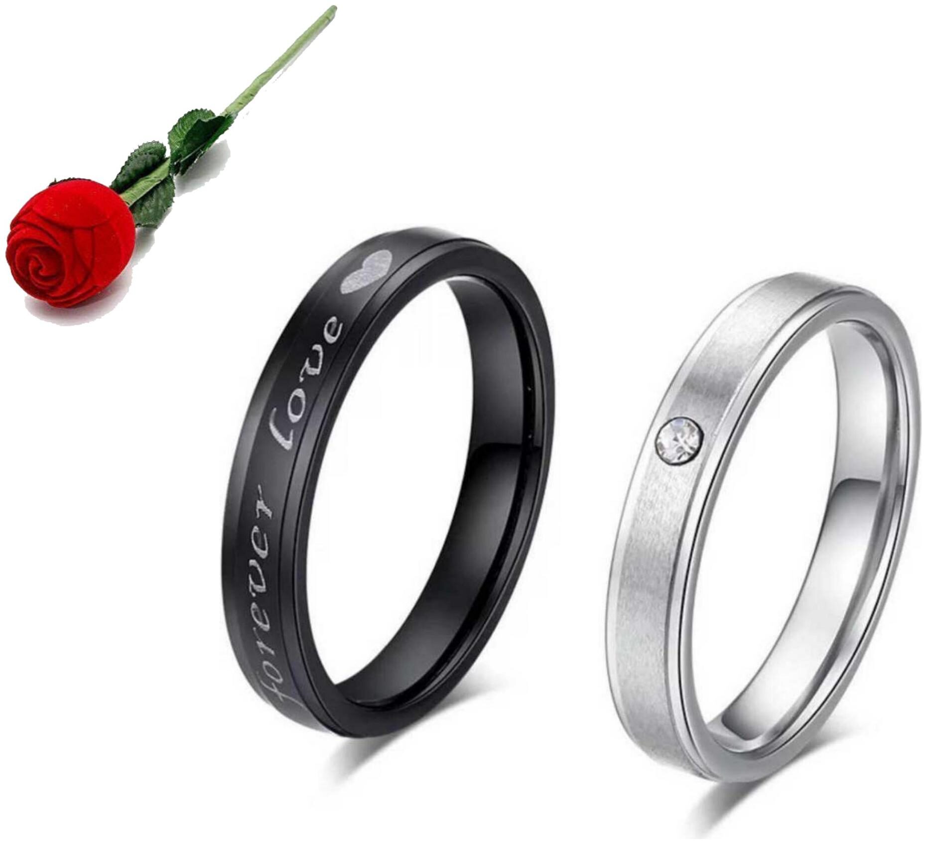 

STYLISH TEENS Forever Love Couple Rings Stainless Steel Swarovski Crystal Sterling Silver Black Silver Plated Ring Set with Rose Box Packing