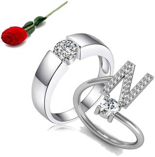 STYLISH TEENS Passion for Love Letter Silver Plated Couple Rings (N) with Rose Box Packing