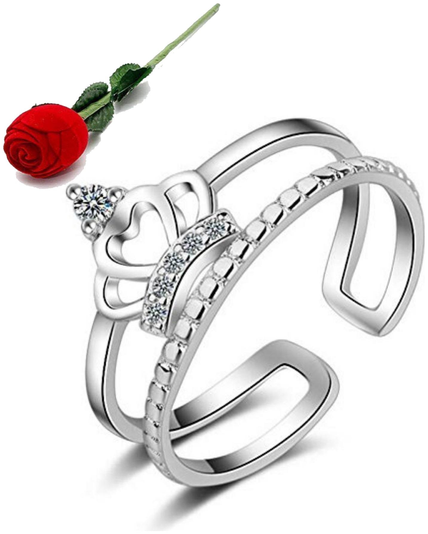 

Stylish Teens Princess Crown Sterling Silver Swarovski Crystal Adjustable Ring For Women Girls (Silver) With Rose Box Packing