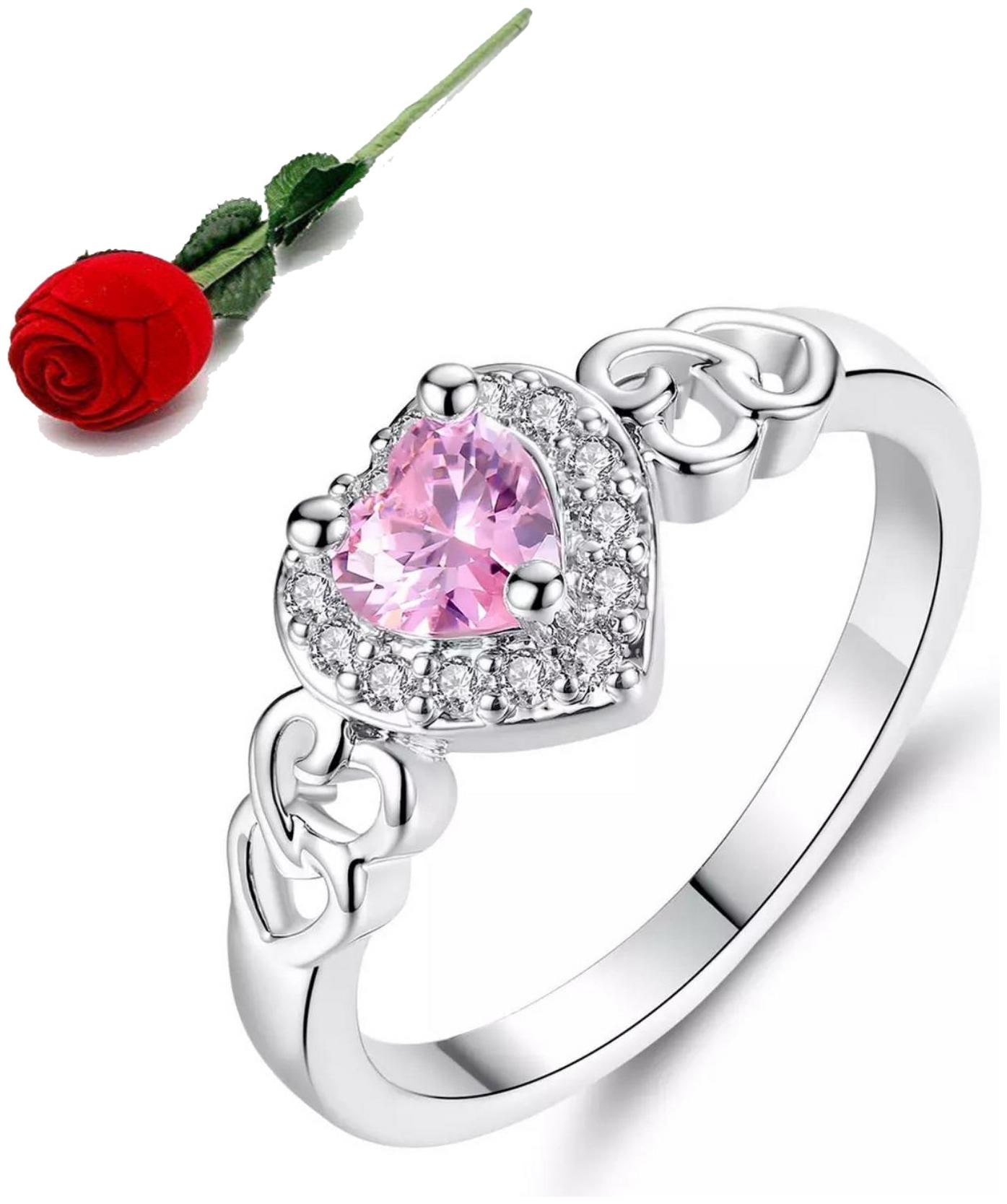 

Stylish Teens Gorgeous Valentine Pink Heart Ring For Women Girls (Us Size-6) Stainless Steel Swarovski Silver Plated Ring With Rose Box Packing