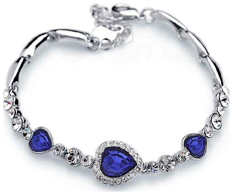 

Stylish Women New Fashion Ocean Blue Silver Plated Crystal Rhinestone Heart Charm Bracelet Bangle Gift Jewellery