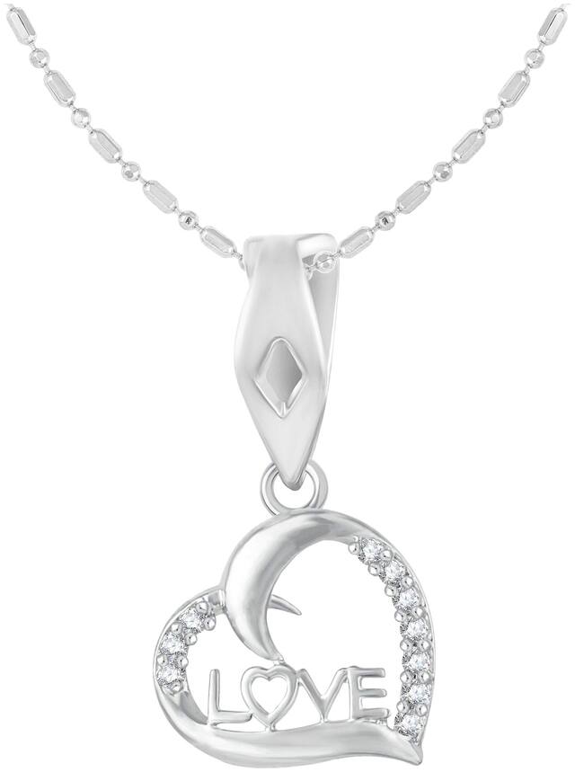 Sukai Jewels Love Heart Rhodium Plated Alloy & Brass Cubic Zirconia Pendant with Chain for Women & Girls