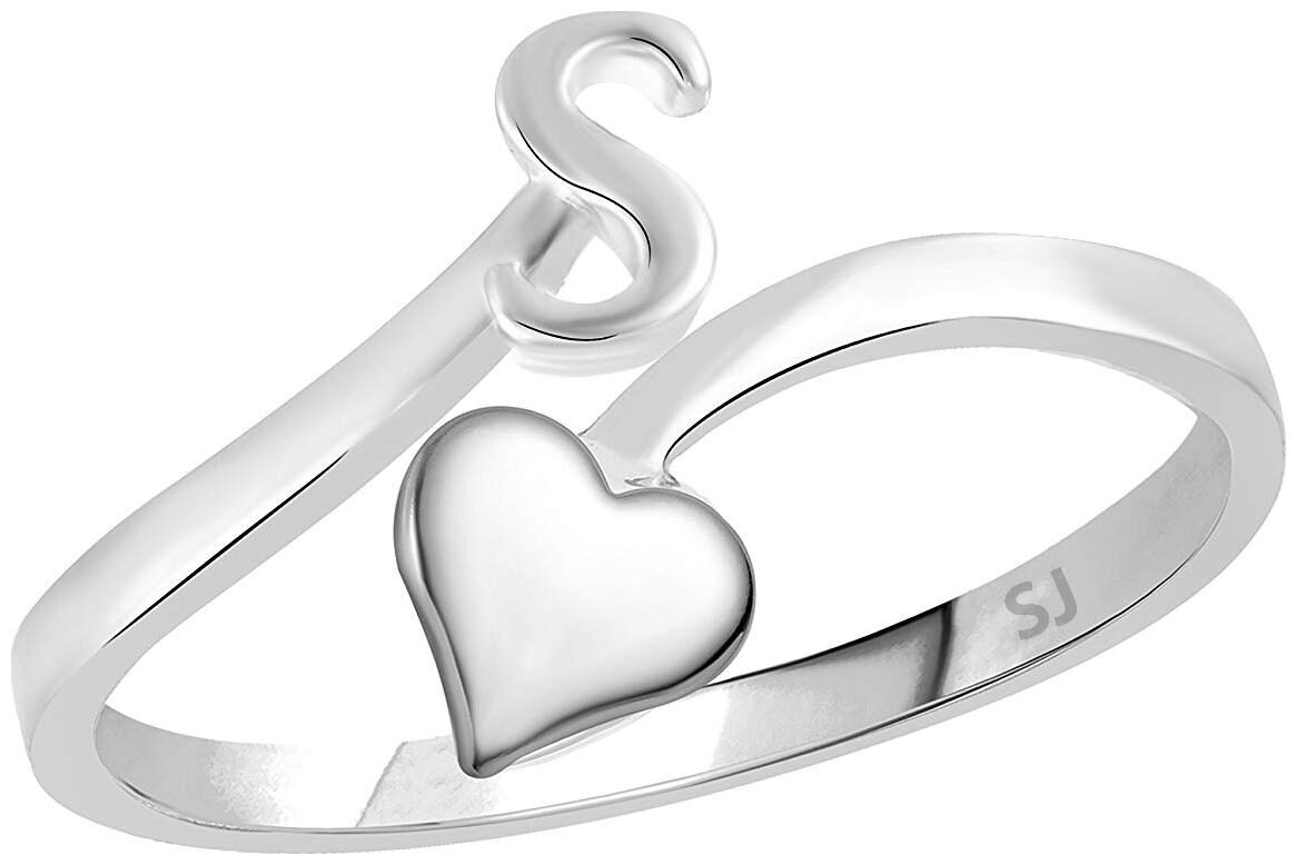 

Sukai Jewels Heart Initial S Rhodium Plated Alphabet Ring For Women and Girls