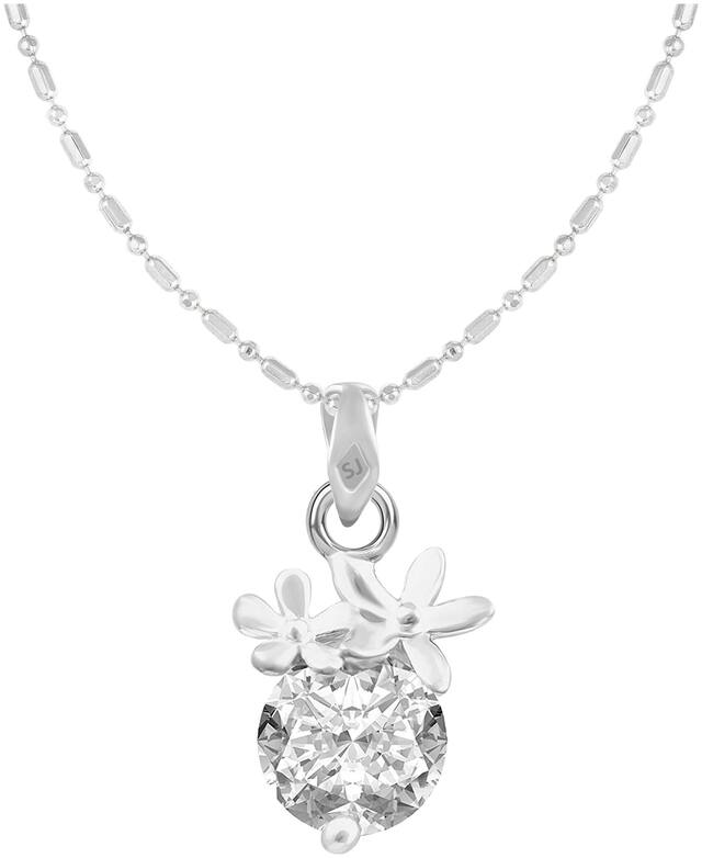 Sukai Jewels Floral Single Solitaire Rhodium Plated Alloy & Brass Cubic Zirconia Pendant with Chain for Women & Girls